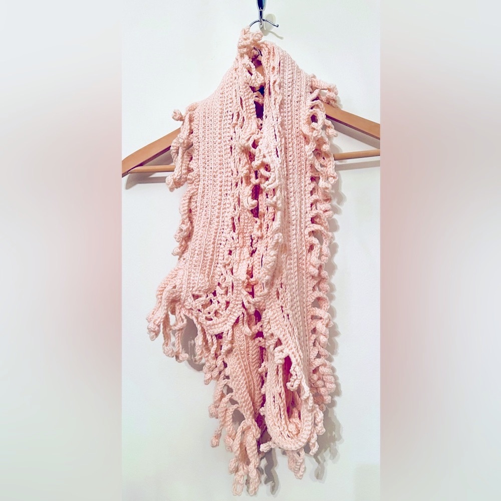 100% Cotton Boho Hand Crocheted Pink Cotton Scarf